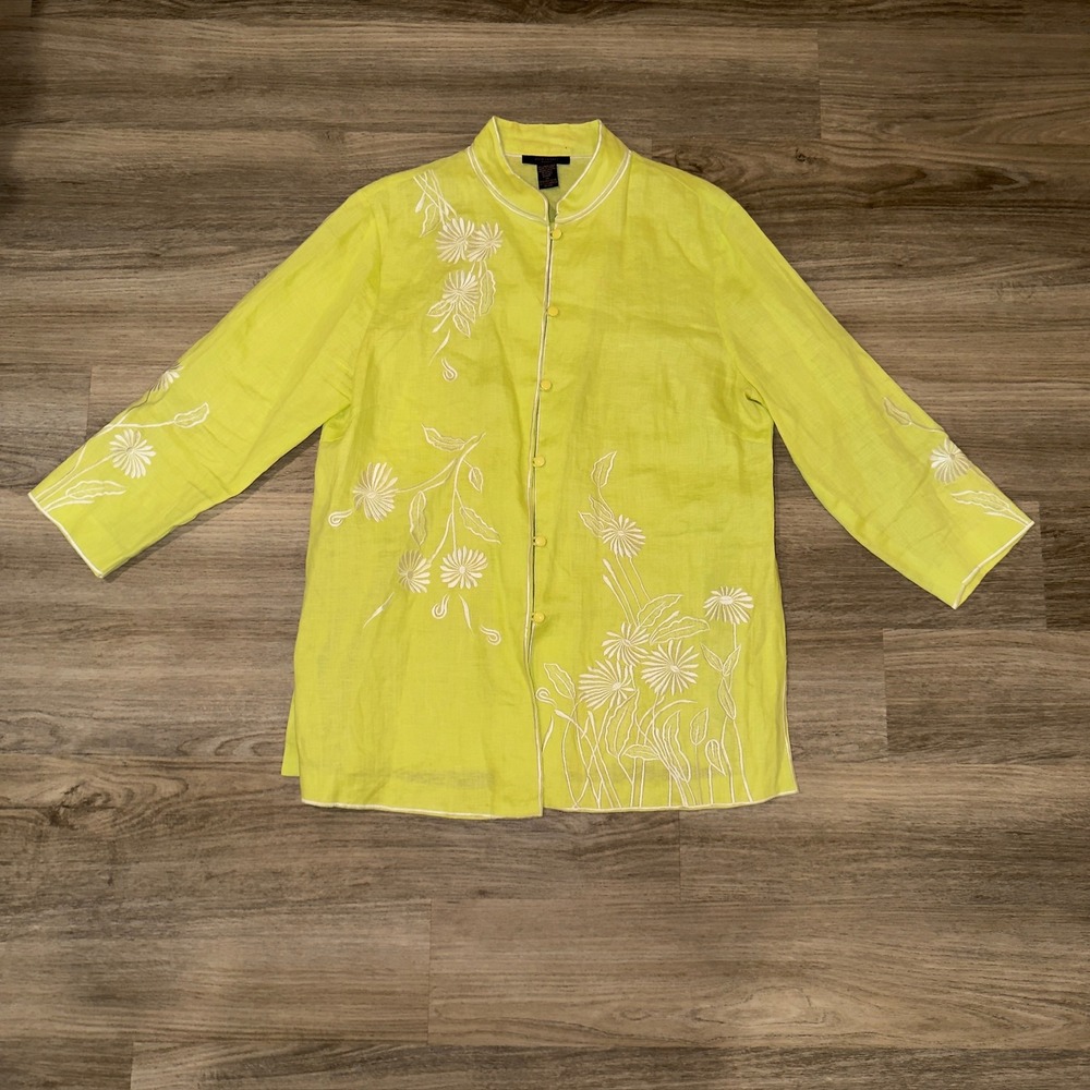 Anne Carson Linen‎ Blouse 1X Chartreuse Floral Embroidered Button Top